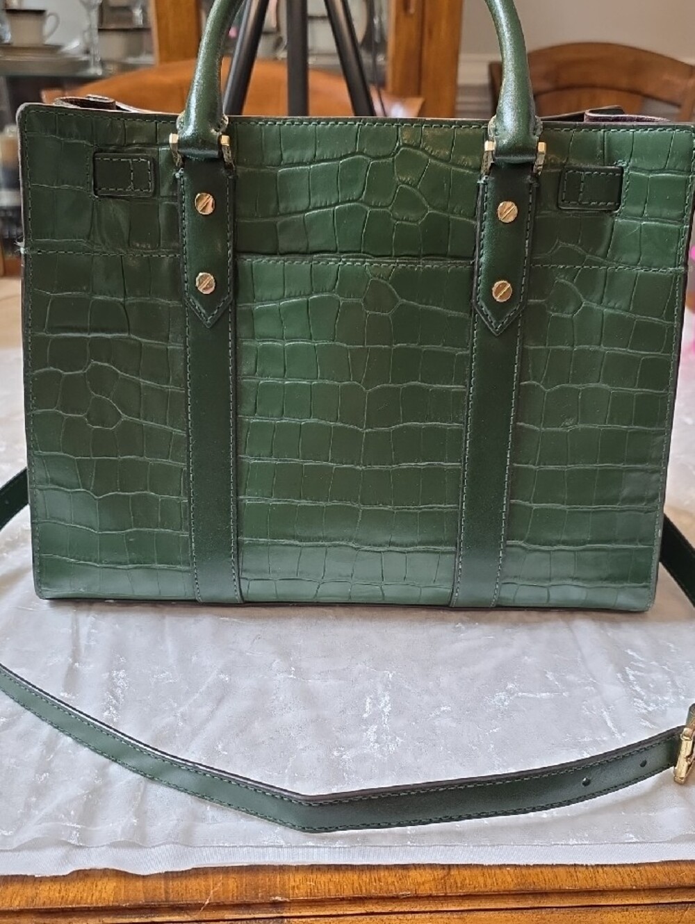 Michael Kors Nouveau Hamilton Dark Green Croc-Embossed Leather Satchel - Picture 2 of 16